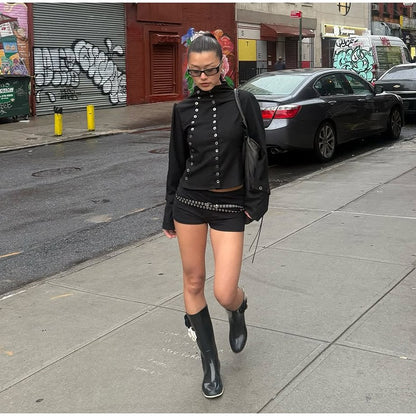 Women's Chic Buttons Cropped Shirt High Neck Solid Y2K Style Slim Fit Tops Grunge Streetwear Vintage Punk Fashion Causal Blouses