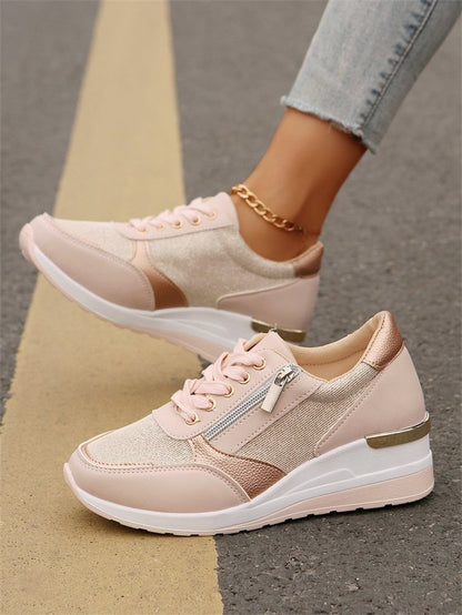 Fashion Thick Bottom Silver Sneakers Women 2025 Spring Wedge Heel Vulcanized Shoes Woman Comfortable Lace Up Sport Sneaker Mujer