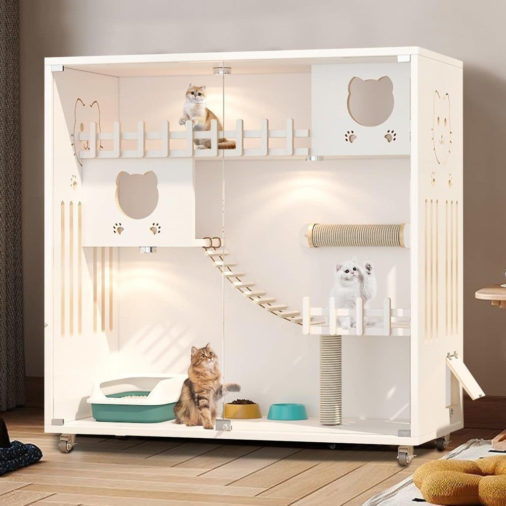 Gaiola de Madeira Grande para Gatos com Rodas, Condomínio Fechado Multifuncional para Gatos com Ventilação