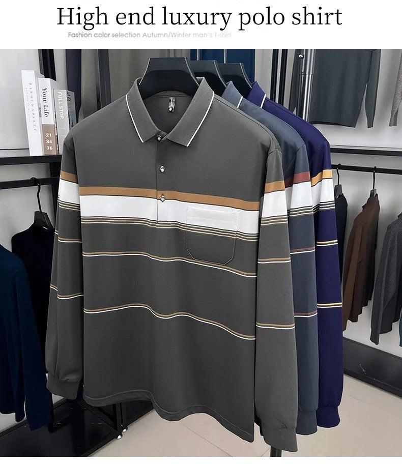 High quality stripe men's long sleeve polo shirt fashion luxury pocket middle-aged business casual color blocked comfort T-shirt
