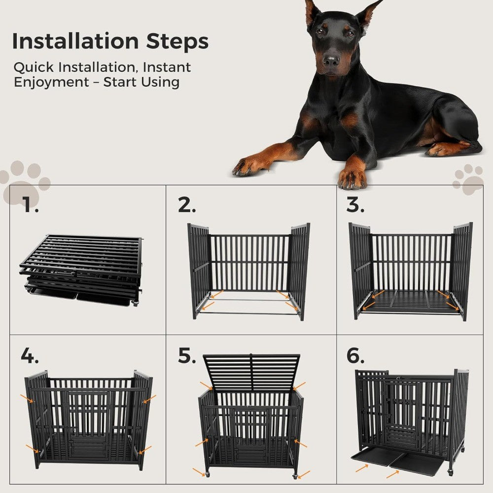 Heavy Duty Dog Crate, Escape-Proof Indestructible Cage for High-Anxiety Dogs, 3-Door Kennel with 4 Lockable Wheels