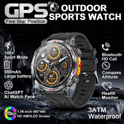 2025 Novo Relógio Inteligente Militar GPS para Exteriores Masculino 650mAh Bússola Altímetro 10ATM à Prova D'água Frequência Cardíaca Chamada Esportiva Smartwatch