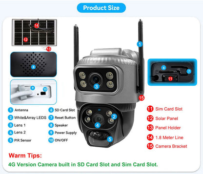Câmera V380 Lente Dupla 4G Solar PIR Detecção Humana Visão Noturna À Prova D'Água Segurança Vídeo IP Câmera 8MP 4K Bateria Monitor CFTV