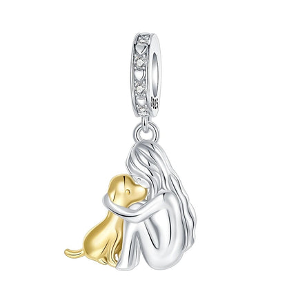 Girl & Dog Hugging Dangle Charm S925 Sterling Silver Two tone pendants Fit Original Bracelet Making Pet Lovers’ Bracelet Gift