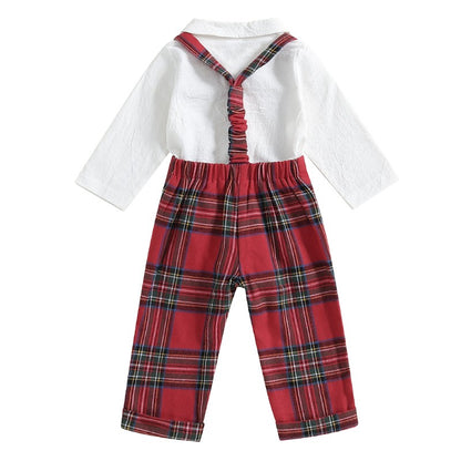 Baby Boy Gentleman Outfits Long Sleeve Lapel Romper + Plaid Suspender Pants + Bow Tie 3Pcs Sets Newborn Toddler Christmas Formal