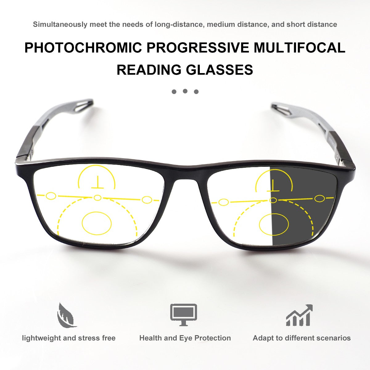 Progressive Multi-Focus Reading Glasses, Photochromic, Anti-Blue Light, Tr90 Tough Frame, Suitable for Men and Women, +100-+400