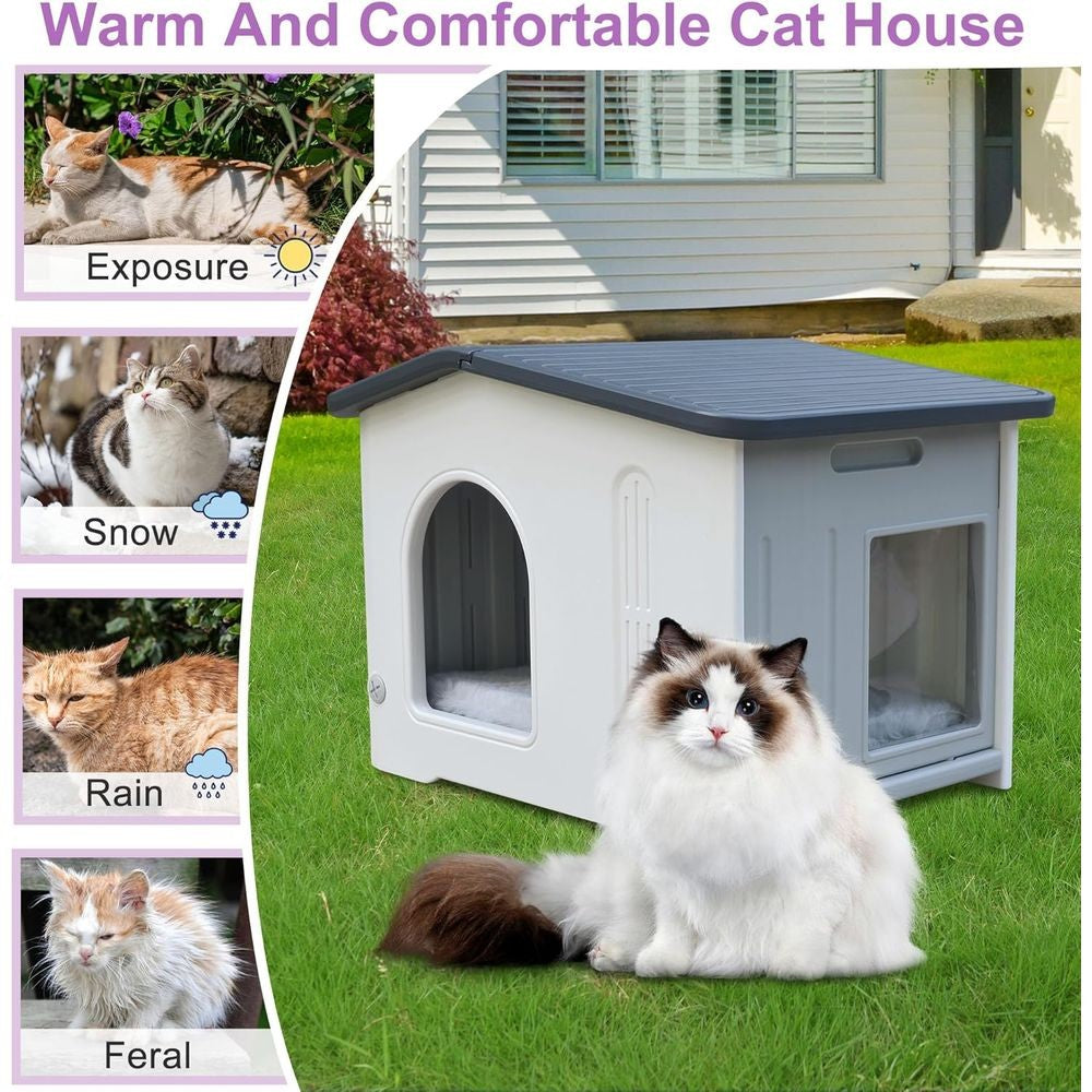 Abrigo para Gatos Cinza à Prova D'Água para Exteriores com Saída de Emergência para Gatos de Rua e Domésticos, Fácil de Montar