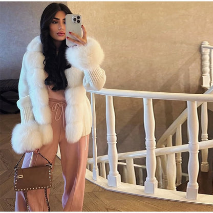 Elegant Knitted Faux Fur Patchwork Women's Coat Thicken Lady Coats 2025 Autumn Winter Chic Female Street Warm Outerwears