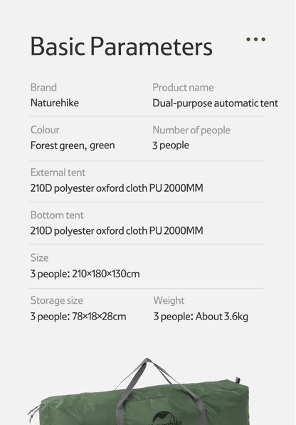 Naturehike Camping Automatic Tent One Touch Waterproof Roof Top Tents Double Door 3 Person Tent Outdoor Beach Fish Shelter Tent