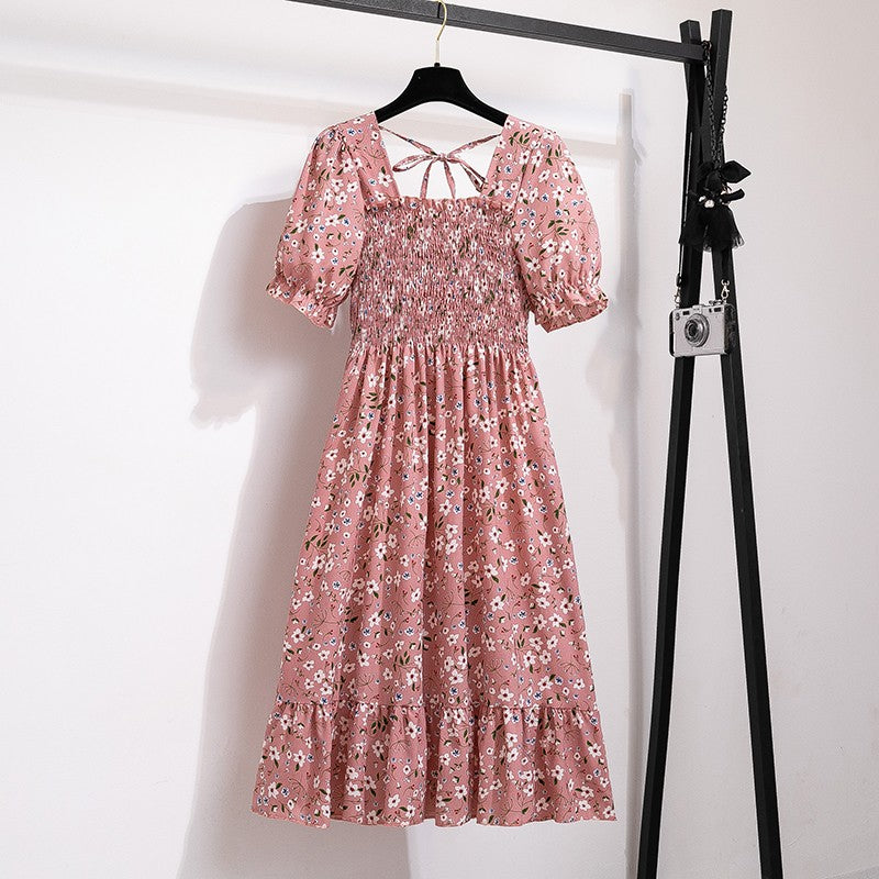 Summer Pleated Women Chiffon Dresses Casual Beach Holiday Short Sleeve Square Co
