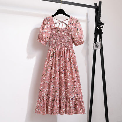 Summer Pleated Women Chiffon Dresses Casual Beach Holiday Short Sleeve Square Co
