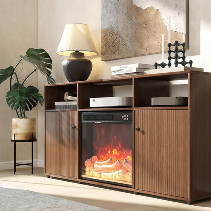 Mid Century Modern Electric Fireplace, TV Stand for Living Room and Bedroom, Retro Entertainment Center for 55 60 65 Inch TVs, 5