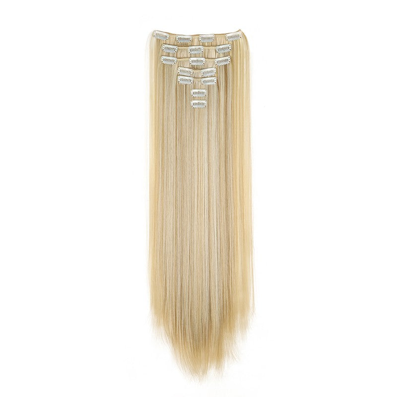 Extensão de cabelo liso longo sintético de 24 polegadas 7pçs/conjunto 16 clipes Penteado Preto Loiro Peruca para mulheres 2026