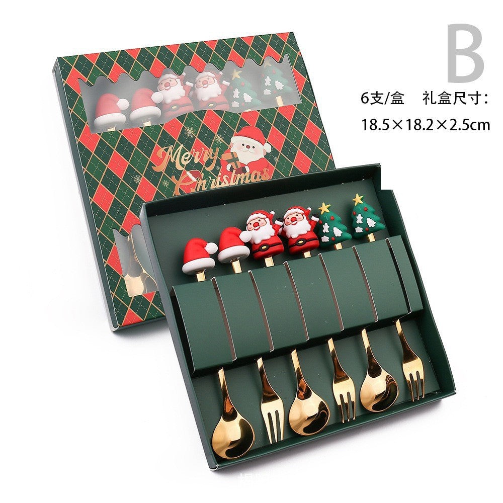 Conjunto 6 Peças de Garfos e Colheres Papai Noel Árvore de Natal Aço Inoxidável Colher de Café Sobremesa Utensílios de Mesa para Festa de Natal Presente Requintado