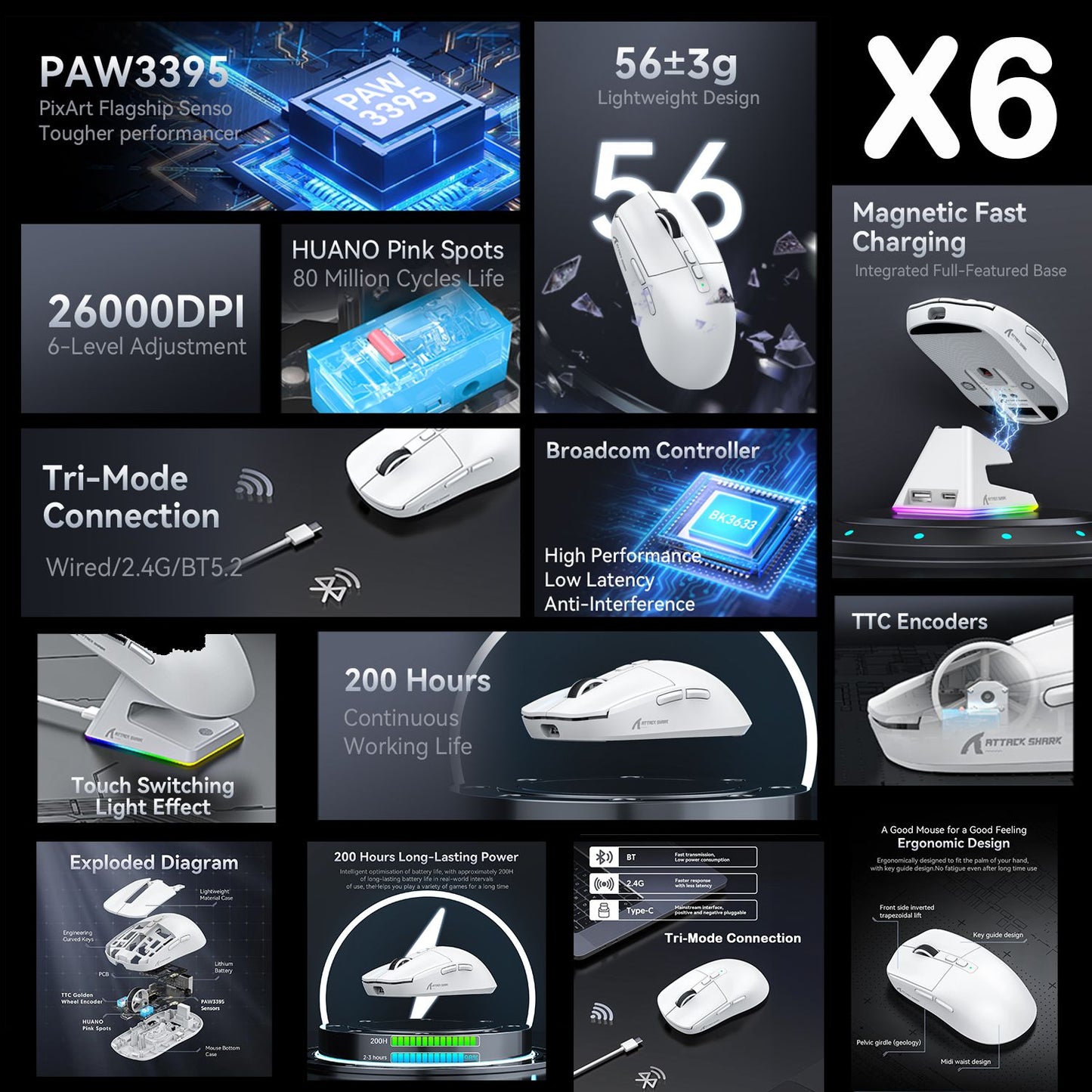 Mouse Gamer Sem Fio RGB Attack Shark X11/X6/X3/R1, Conectividade Bluetooth Trimodo, Leve, Ergonômico para VALORANT e FPS
