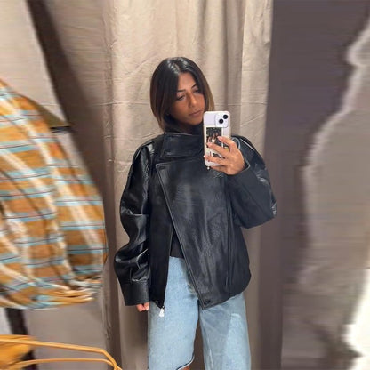 Vintage PU Leather Bomber Jackets 2025 Autumn New Ladies Zipper Lapel Long Sleeve Pocket Coat With Belt Women's Loose Streetwear