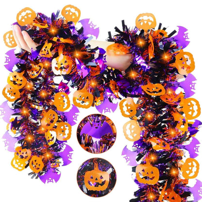 Halloween Tinsel Garland 2M Purple Tinsel Garland with Pumpkin Bat, Halloween Decoration for Indoor Outdoor Garden Party Porch