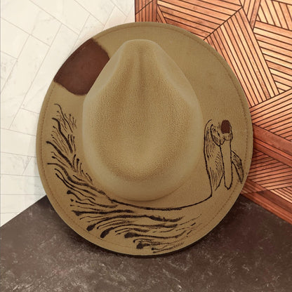 Chapéu Fedora Pintado à Mão Masculino e Feminino Chapéu Panamá Moda Primavera Outono com Pena Envolta Chapéu Fedora de Lã com Aba Grande