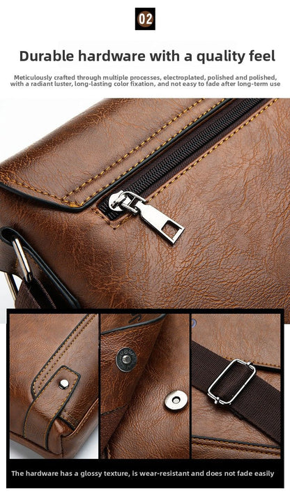 Men's Solid Color Retro Leather Shoulder Bag, Casual Business Messenger Bag Horizontal A4 Paper Travel Bag Briefcase Laptop Bag