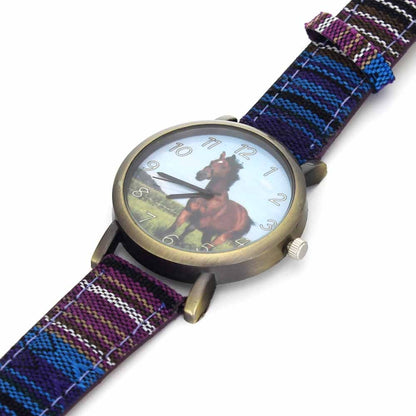 Running Horse Print Animal Unicorn Horses Fashion Men Women Stripes Denim Cloth Canvas Band Sport Quartz Watch