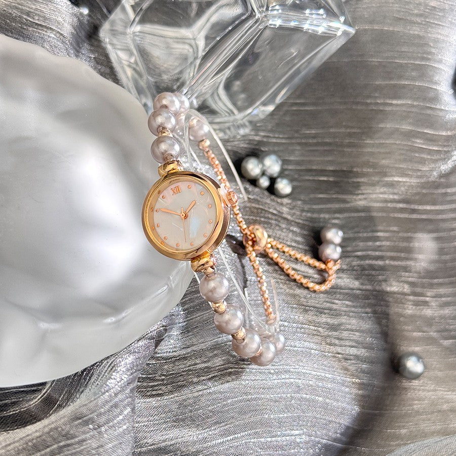 French Romantic Pearl Pull Cord Handheld Watch Elegant Small Fashion Bracelet Quartz Wristwatch Stylish Portable Timepiece