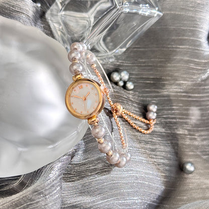French Romantic Pearl Pull Cord Handheld Watch Elegant Small Fashion Bracelet Quartz Wristwatch Stylish Portable Timepiece