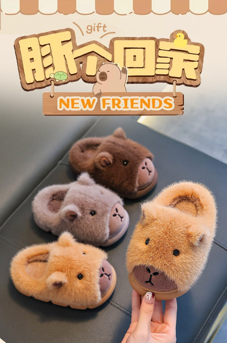 Capybara Children Slippers 2025 Winter New Cute Fluffy Cotton floor shoes woman Warm Indoor Cartoon Plush Floor Home Slippers