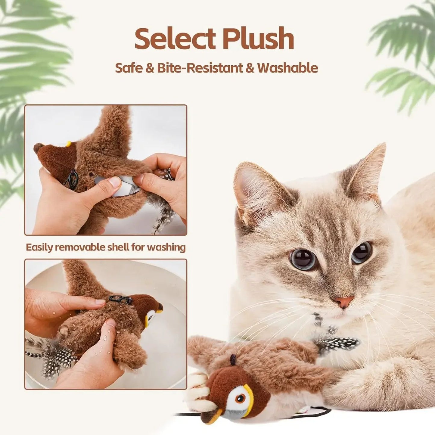 Brinquedos Interativos para Gatos Brinquedo de Pássaro Voador Recarregável para Gatos Pássaro Cantando Batendo Asas (não voa) Pode Adicionar Catnip Brinquedo de Pelúcia Ativado por Toque