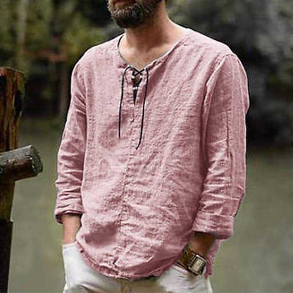 New Men's Cotton Linen shirt Male Solid Color V Neck bandage T-shirts Summer Men's Casual Long Sleeves Linen shirt Tops S-3XL