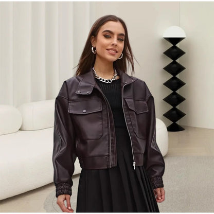 Full Sleeve Cropped Women Casual Slim Thin Motorcycle Coat Chic Zipper Lapel Wine Red Leather Jacket Lady New Highstreet Outwear