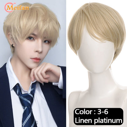 Peruca MEIFAN Sintética Curta para Cosplay Lolita Anime Masculina Cabelo Liso Masculino Fibra de Alta Temperatura Rosa Azul Louro Ombré Preto Peruca
