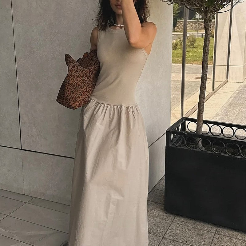 HXAO Black Dress Women Slim Simple O Neck Sleeveless Long Dress Holiday Dress Street Casual Dresses 2025 Women's Summer Dress