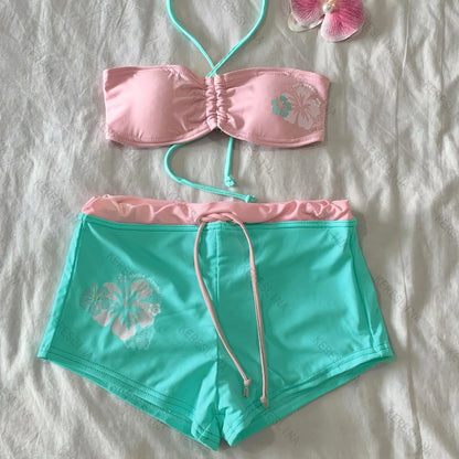 Y2k subculture retro millennium girls style hanging neck suspender bikini set summer beach kawaii classic comfortable bikini set