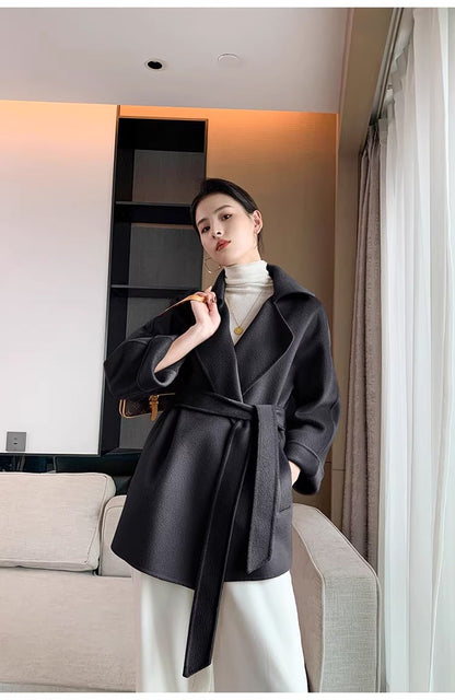 Autumn New Short Double-sided Cashmere Water Ripple Coat Women Turn-down Collar Loose Tempeament Warm Casual wool Jacket Female