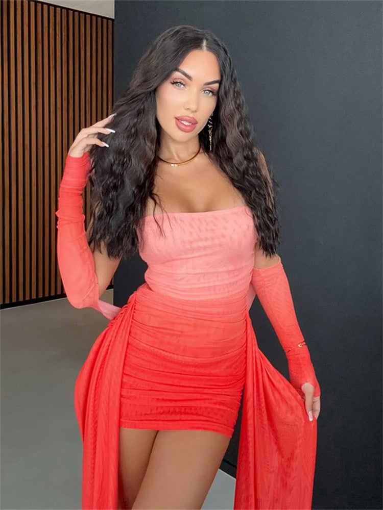 Nibber Summer Vacation Sexy See Through Dress+Shawl Women Ruched Side Ribbon Coquette Skinny Midnight Clubwear Party Bodycon