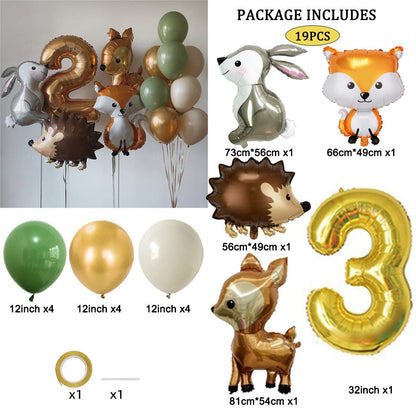 19pcs Hedgehog Deer Fox Rabbit Balloon Set Gold Number Balloon Woodland Animal Happy Birthday Party Decorations