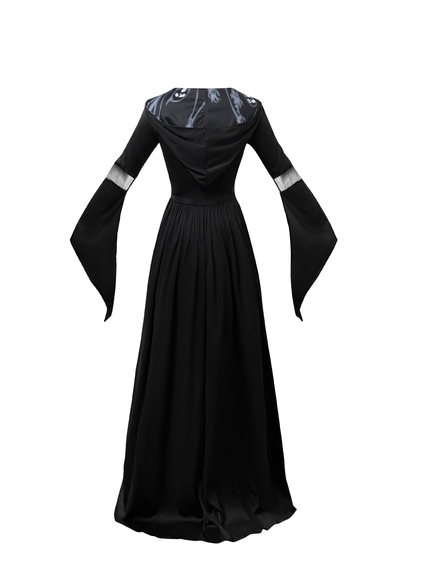 Halloween Witch Dress Gothic Vintage Dark-Style Hooded Vampire Dresses Bell Sleeves Full Skirt Waist Cinched Festival Party Gown