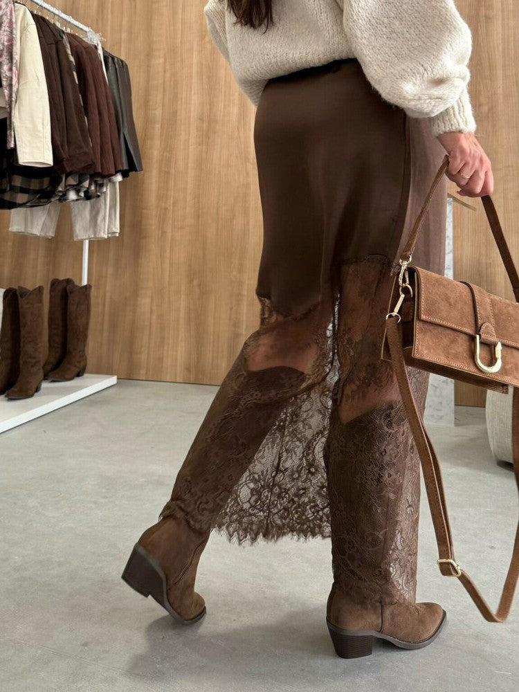 Women Elegant Patchwork Lace Skirts Fashion High Waist Slim Hollow Out Maxi Skirts 2025 Autumn Lady Brown Party Club Skirt