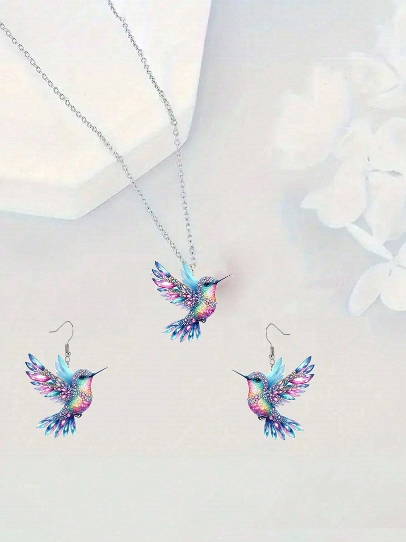 1 set of elegant and stylish acrylic colorful honey-sucking bird necklace earrings set with multi-color wing design, suitable fo