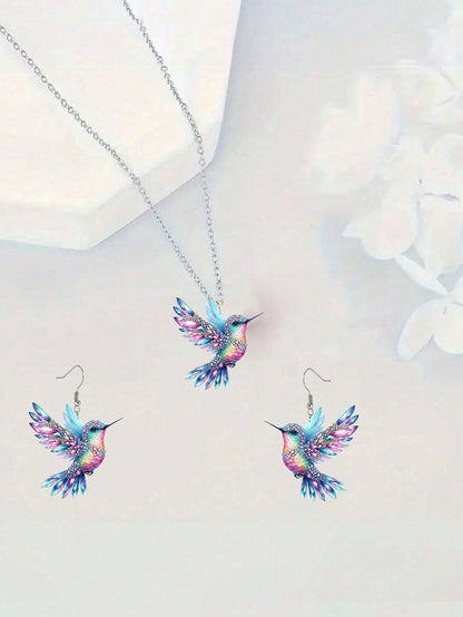 1 set of elegant and stylish acrylic colorful honey-sucking bird necklace earrings set with multi-color wing design, suitable fo