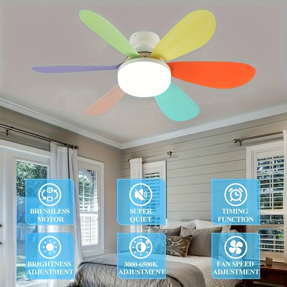 LED smart ceiling fan light with remote control, timer, 6 fan blades, 3 speeds, adjustable brightness and color temperature