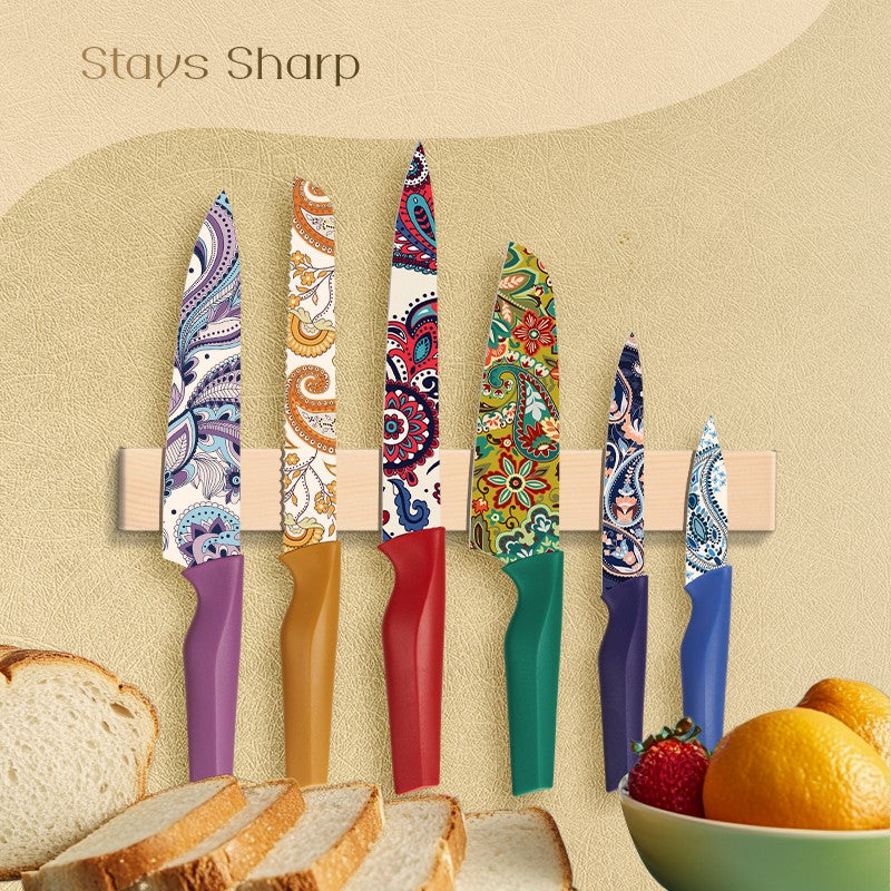 Conjunto de facas com padrão Paisley Astercook com capa, facas coloridas laváveis na lava-louças com 6 capas de faca, aço inoxidável alemão