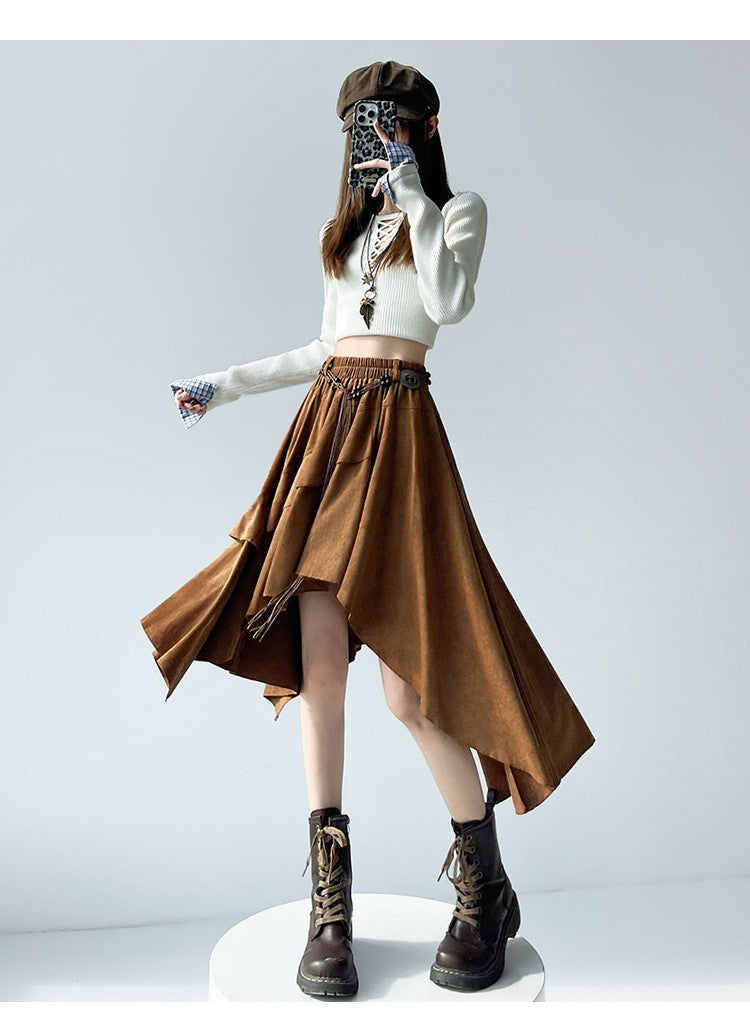 Caramel Suede Half-length Skirt Women's Autumn Winter New Irregular Belt Slim A- Line Midi Umbrella Skirt Comfortable Casual S .