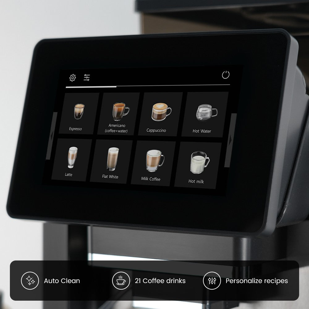Mcilpoog WS817-Plus Máquina de café expresso automática com tela grande colorida de 7", com bico vaporizador, 21 sabores para casa e escritório