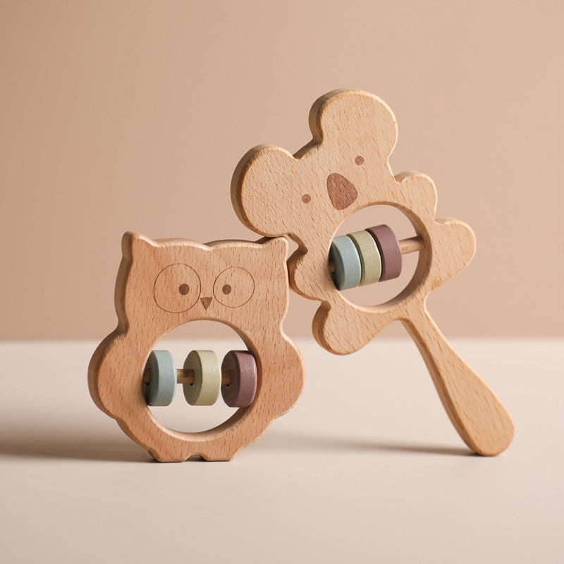 Baby Wooden Koala Hand Rattles Teether Toys Wooden Ring Montessori Toys Owl Shape Musical Rattle  for Baby Gifts Teething Toys