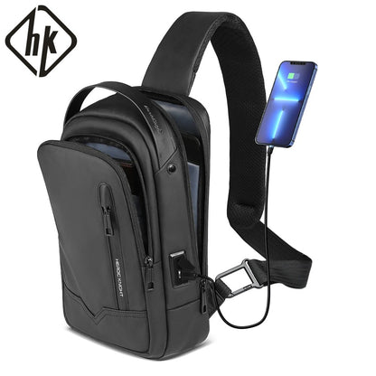 HK Waterproof Men's Shoulder Bag Lightweight Crossbody Bag Oxford Casual Satchel with USB Port Commute Business Chest Bag Male