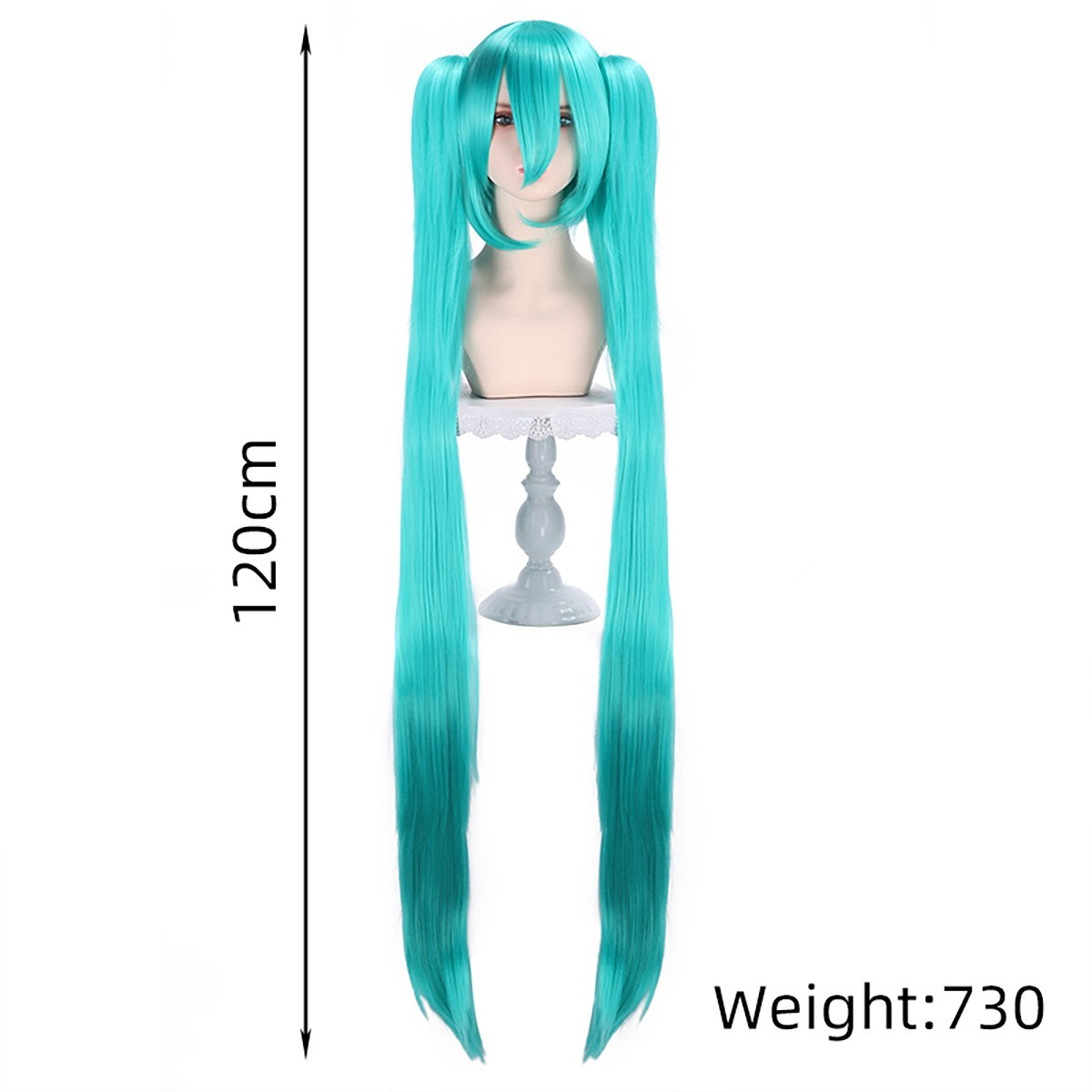 Peruca para cosplay da Hatsune Miku, clipe de boca de tigre multiuso, peruca de rabo de cavalo duplo de 120 CM, azul lago azul-esverdeado