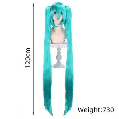 Peruca para cosplay da Hatsune Miku, clipe de boca de tigre multiuso, peruca de rabo de cavalo duplo de 120 CM, azul lago azul-esverdeado