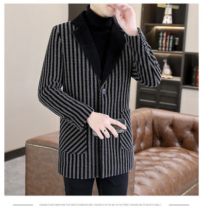 Classic Autumn Winter Men's Mid-Length Woolen Coats Casual Striped Overcoat Outwear Windbreaker Business Warm Long Jackets