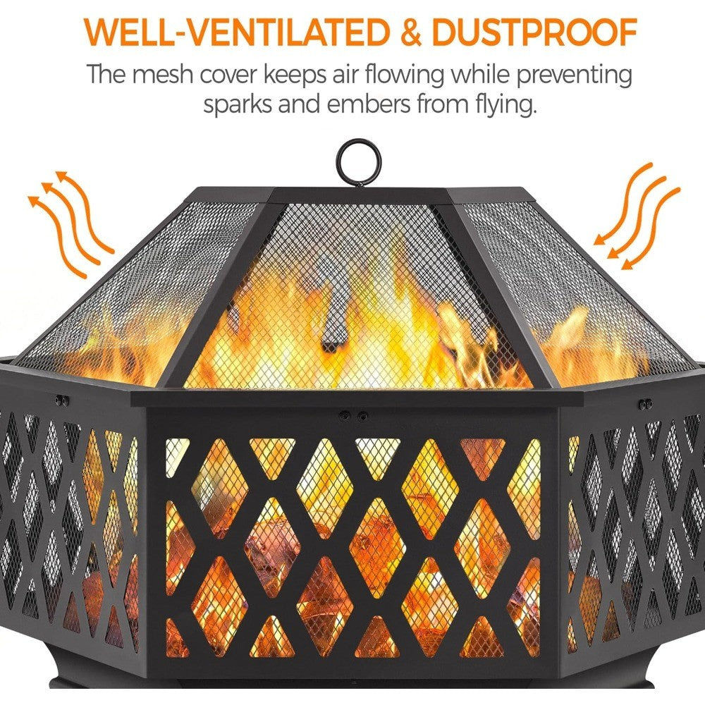 Yaheetech 28in Hex Shaped Fire Bowl - Large Wood Burning Outdoor Fire Pit with Spark Screen & Poker for Bonfire, Picnic, BBQ
